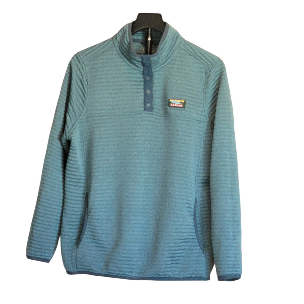 LL Bean Airlight Knit Pullover Womens Large Teal Blue Snap Neck Quilted 506463